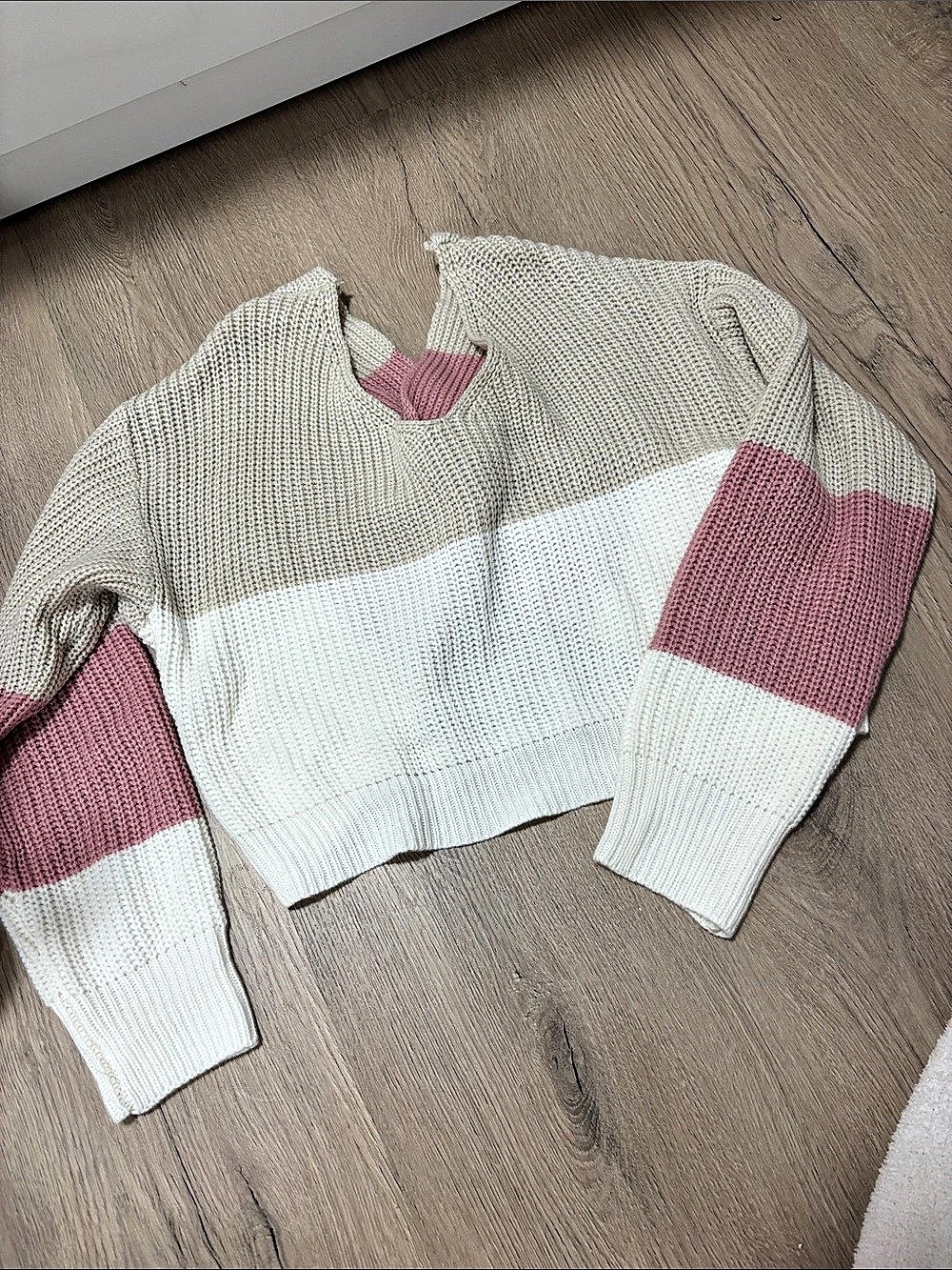 Color Block Crewneck Sweater in Pink & White Like New